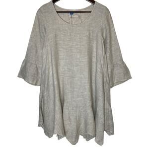 Yuvita Linen Tunic Mini Beige Dress 3/4 Bell Sleeve Lagenlook size Small